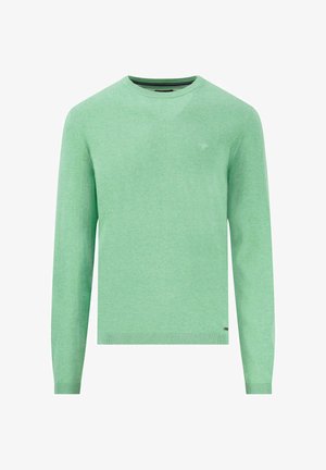 Vaaleanvihreä neulepaita, jossa on pitkät hihat, pyöreä pääntie, ribbaatut hihansuut ja helma. Valmistettu pehmeästä kankaasta, jossa on sileä pinta. Pieni logo rinnassa.