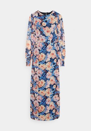 Robe à manches longues avec motif floral sur fond bleu marine, ornée de grandes fleurs pêche et bleues, col rond et poignets froncés.