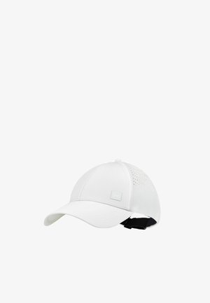White baseball cap with perforated side panels and adjustable black strap at the back, displayed on a white background.