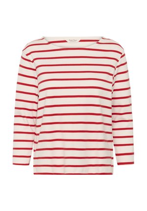 Cămașă albă cu mâneci lungi, cu dungi orizontale roșii și decolteu rotund, prezentată pe un fundal alb simplu.