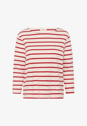 Chemise blanche à manches longues avec des rayures rouges horizontales et un col rond, présentée sur un fond blanc uni.