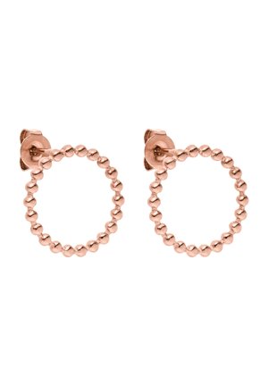 Kolczyki sztyfty w kolorze różowego złota o kształcie otwartych kółek z małych połączonych koralików.