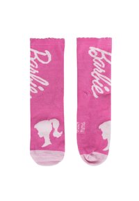 Calze rosa con scritte "Barbie" e motivi in silhouette bianchi. Morbido al tatto con polsini a balza, progettate per un uso casual.