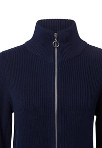 Granatowy sweter o ribbowym splocie, z wysokim kołnierzem i metalowym zamkiem błyskawicznym, o teksturowanym wykończeniu i dopasowanych długich rękawach.