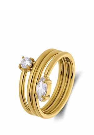 Gouden ring met drie dunne spiralen samengewonden banden, met aan elk uiteinde twee heldere edelstenen in verschillende vormen.