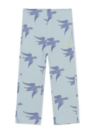 Blaue Leggings mit einem Vogelmuster, aus weichem Material. Geometrische Formen und ein gelbes Akzentdetail sind am Bund sichtbar.