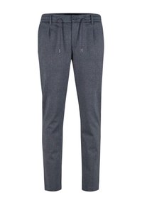 Pantaloni grigi su misura realizzati in tessuto intrecciato, con tasche laterali, vita con cordino e design slim fit.