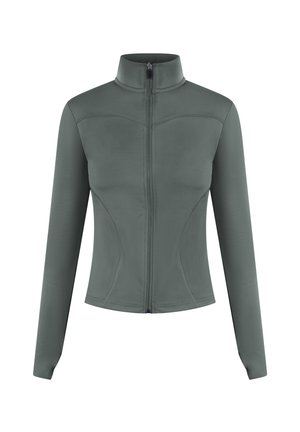 Veste zippée grise clair à manches longues, col montant et design ajusté. Tissu lisse avec des détails de couture subtils.