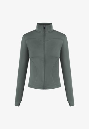 Chaqueta con cremallera de color gris claro, de mangas largas, cuello alto y diseño ajustado. Tejido suave con detalles de costura sutiles.