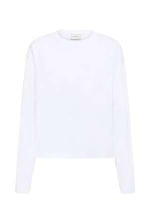 Valge pika varrukaga ümmarguse kaelusega särk sirge äärega ja väikese sildiga kaeluse siseküljel.