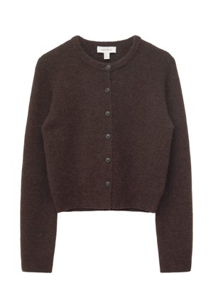 Dark brown, long-sleeve, cropped cardigan with round neckline and five front buttons, made of soft, fuzzy knit fabric.