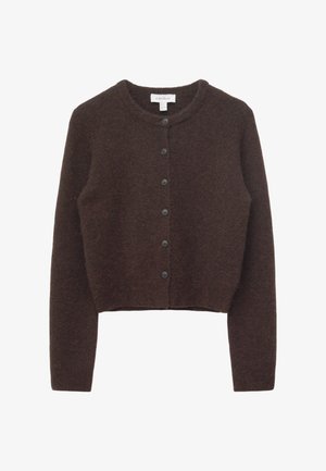 Dark brown, long-sleeve, cropped cardigan with round neckline and five front buttons, made of soft, fuzzy knit fabric.