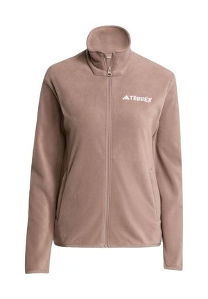 Fleece jacket in light brown with a high collar, full zipper, and TERREX logo in white. Features side pockets and soft texture.