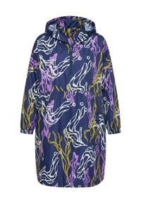 Navy hooded raincoat with half-zip, elastic cuffs, and abstract white, purple, and mustard seaweed pattern throughout.