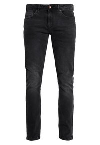 Black denim jeans with a slim fit, five-pocket design, button closure, and subtle branding on the back pocket. Smooth texture.