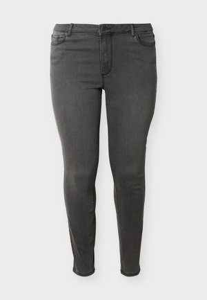 Jean gris foncé coupe slim avec poches avant, fermeture par bouton et passants pour ceinture, présenté sur un fond blanc uni.