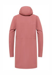 Lichtroze, lange jas met een capuchon, elastische taille en lange mouwen. Soepele textuur met een strakke uitstraling en geen zichtbare bevestigingen.