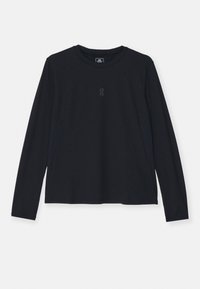 Black long-sleeve athletic shirt with raglan sleeves, round neckline, and subtle logo detail on the chest. Smooth, stretchy fabric.
