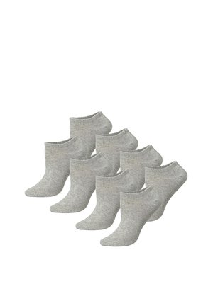 Seven pairs of plain grey ankle socks arranged in two rows on a white background.