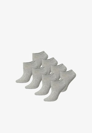 Sieben Paare schlichte graue Knöchelsocken, in zwei Reihen auf weißem Hintergrund angeordnet.