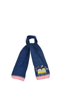 Scarf di lana blu con due cartoni animati Minions a un'estremità, con accenti rosa e grigi lungo i bordi. Texture morbida, design versatile.