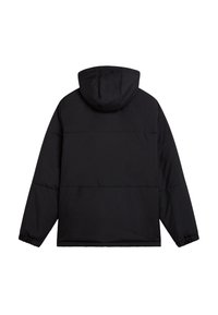 Svart uppblåsbar jacka med huva, med en slät yta, elastiska manschetter och horisontell sömnad över ryggen.