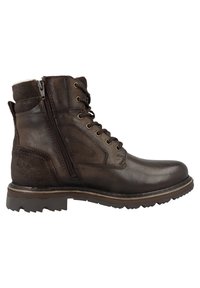 Bota de cuero marrón hasta el tobillo con cremallera lateral, parte delantera con cordones, paneles texturizados y suela robusta con tacos para tracción.