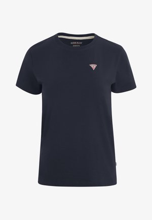 Navy blue cotton t-shirt with short sleeves, crew neckline, and a small triangular red and white logo on the upper left chest.