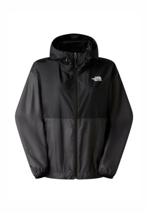 Giacca impermeabile nera da uomo con zip, cappuccio, polsini elasticizzati, tasche laterali e logo The North Face sul petto.