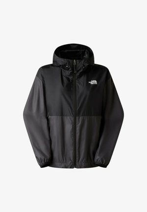 Giacca impermeabile nera da uomo con zip, cappuccio, polsini elasticizzati, tasche laterali e logo The North Face sul petto.