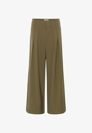 Olivaroheline laiad püksid, mis on valmistatud kergest kangast, esitavad esiplekke ja küljetaskuid, et tagada funktsionaalsus ja mugavus.