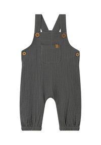 Tuta in cotone grigio con bretelle regolabili, bottoni in legno, una tasca frontale e polsini elastici. Tessuto texturizzato con un aspetto stropicciato.