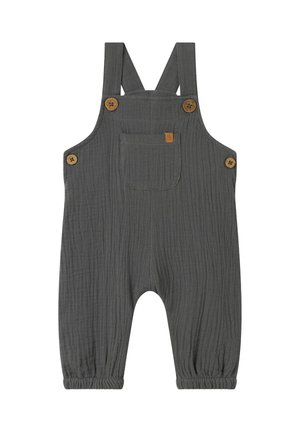 Grauer Baumwoll-Overall mit verstellbaren Trägern, Holzknöpfen, einer Vordertasche und elastischen Bündchen. Strukturiertes Material mit einer zerknitterten Optik.