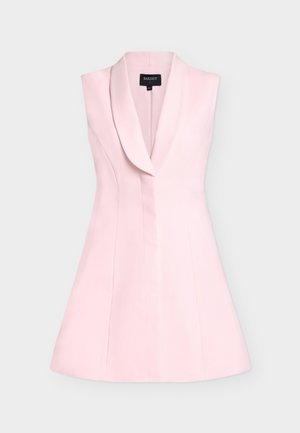 Mouwloze lichtroze blazerjurk met brede revers, getailleerde taille en uitlopende rok, gelabeld Bardot maat small.