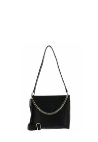 Sac à main en cuir noir de forme rectangulaire plate, avec une bandoulière amovible et un accent en chaîne argentée à l'avant.