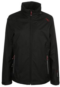 Veste noire zippée avec col montant, tirettes de fermeture éclair rouges, poches latérales zippées et logo rouge à la poitrine et à la manche.