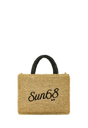 Borsa tote rettangolare in paglia intrecciata con manici intrecciati neri e "Sun68" ricamato in nero sul davanti.