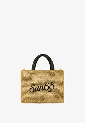 Borsa tote rettangolare in paglia intrecciata con manici intrecciati neri e "Sun68" ricamato in nero sul davanti.