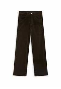 Pantalon en velours côtelé marron avec une coupe droite, doté de cinq poches, d'une fermeture à bouton sur le devant et de lignes de texture subtiles.