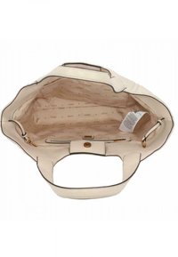 Borsa a mano crema con esterno liscio, manici corti e finiture in oro. L'interno presenta una fodera a motivi e una taschina.