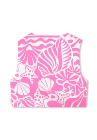 Top sans manches rose avec un motif de coquillage et d'étoiles de mer blanches. Fabriqué à partir d'un tissu lisse avec une légère finition brillante.