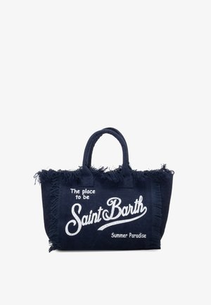 Sac cabas bleu marine avec bords effilochés et anses, avec texte blanc "The place to be Saint Barth Summer Paradise" sur le devant.