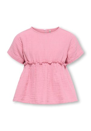 Różowa bluzka dla malucha z krótkim rękawem, okrągłym dekoltem, marszczonym detalem w talii i fakturowaną tkaniną na białym tle.