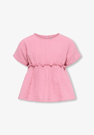 Haut rose à manches courtes pour tout-petit avec encolure ronde, détail froncé à la taille et tissu texturé sur fond blanc.