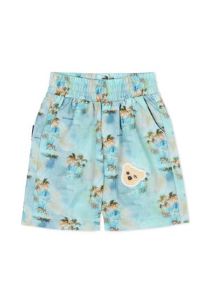 Pantaloncini a vita elastica azzurri chiaro con stampa di palme e una piccola toppa beige a forma di faccia di orsetto sulla gamba destra.