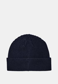 Berretto in maglia a coste di colore navy. Presenta un risvolto e motivi texturizzati sulla parte superiore. Design elastico per una vestibilità comoda.