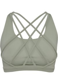 Ljusgrön sport-bh med kryssande design på ryggen, mjukt tyg och sömlösa kanter för komfort och flexibilitet.