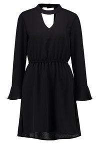 Robe noire à manches longues avec taille élastique, poignets évasés, encolure en V découpée, et jupe courte légèrement évasée.
