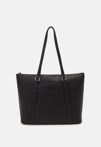 Borsa a tracolla nera in pelle texture con hardware dorato, doppie cinghie per le spalle e chiusura con zip. Presenta un logo discreto sul frontale.