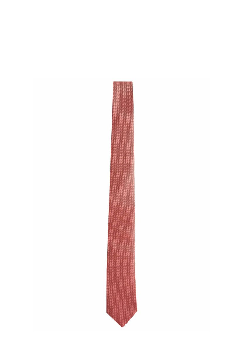 Cravate unie en corail avec une finition texturée, présentant une forme slim et une pointe. Convient aux occasions formelles et offre un look raffiné.